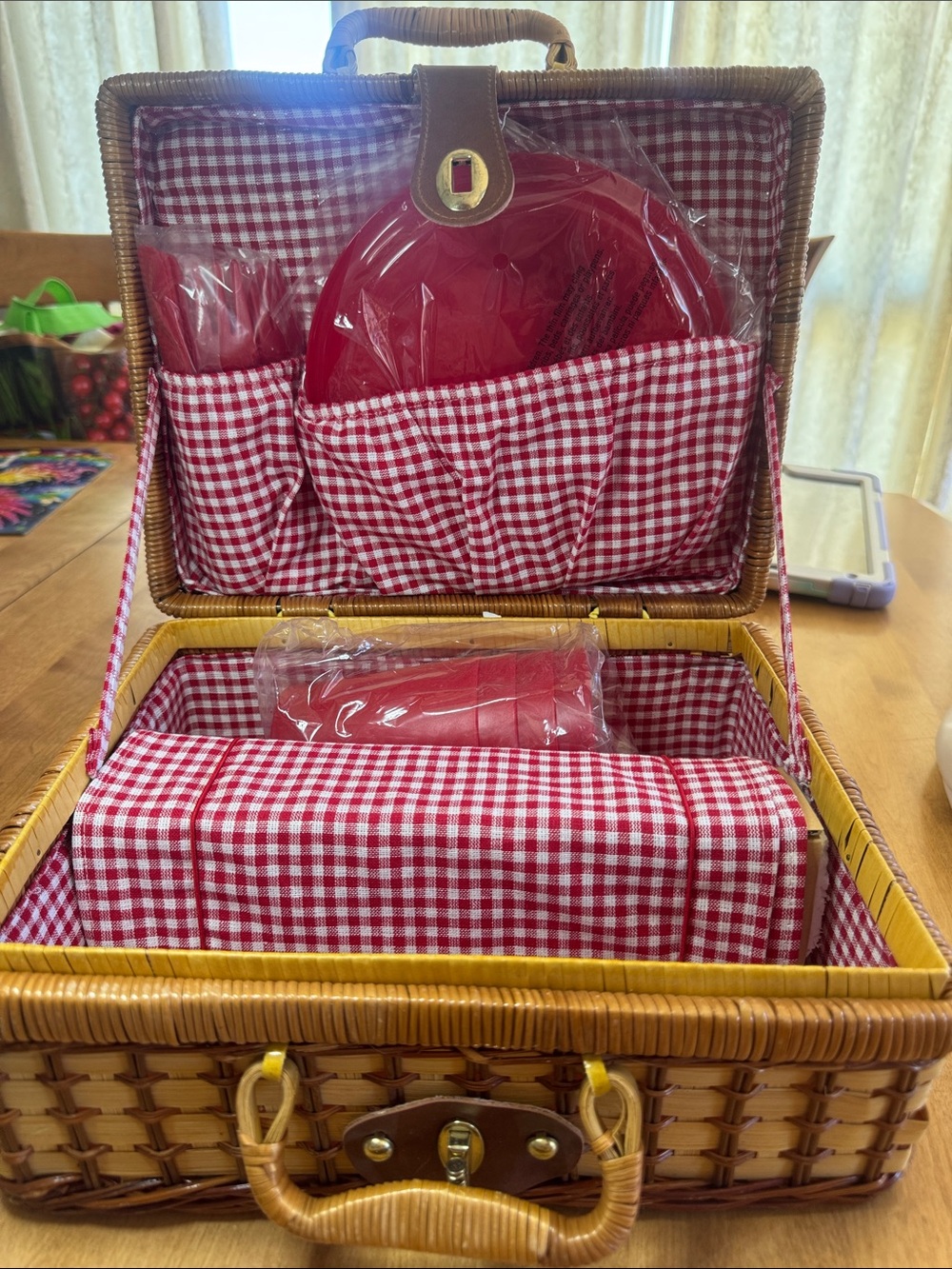 Elizabeth Arden Red and White Gingham Lined Picnic Basket